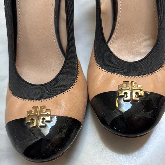 Tory Burch Black and Beige Cap Toe Heels - Picture 2 of 7